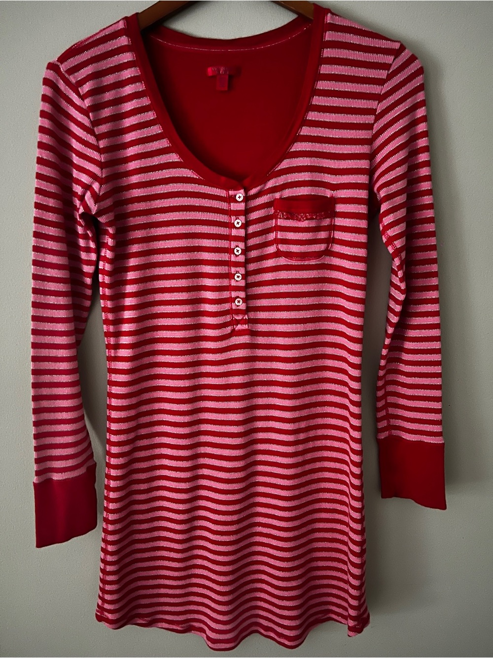 Victoria's Secret Pink and Red Striped Long-Sleeve Sleep Top